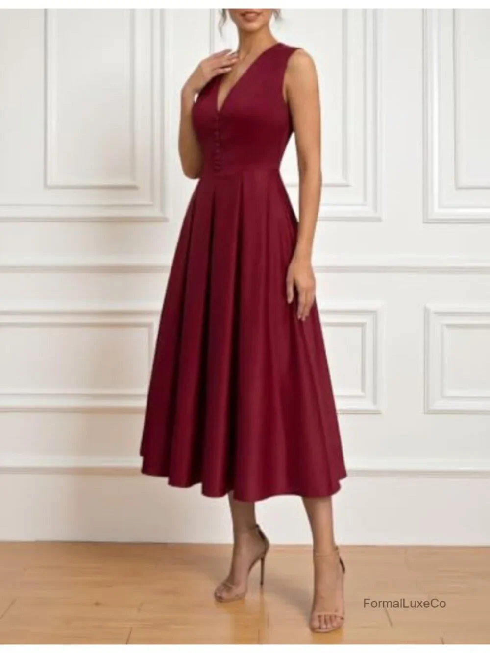 Satin Sleeveless V Neck Midi Dress Button Front Placket